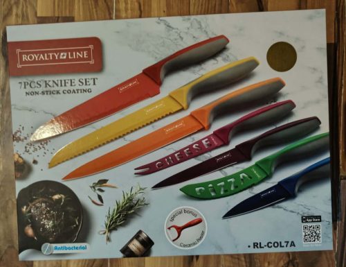Royalty Line RL-COL7A típusú, 7 darabos, tapadásmentes bevonattal ellátott többszínű konyhai késkészlet