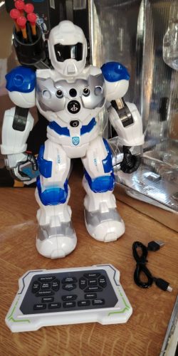 Interaktív robot távirányítóval, fehér-kék, 32 cm, mozgás- és táncfunkciók