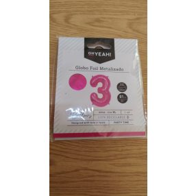   OH YEAH! márkájú, rózsaszín (Rosa), 81 cm-es, metál fólia 3-as szám alakú léggömb 