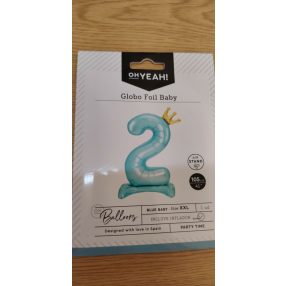   Oh Yeah! márkájú, világoskék színű, 2-es szám alakú, koronás álló fólia lufi (Size XXL, 105 cm)
