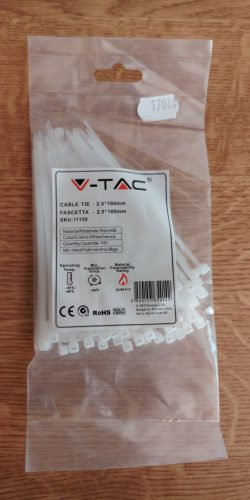 V-TAC fehér, műanyag gyorskötöző 2.5x100mm, 100db/csomag - SKU 11159